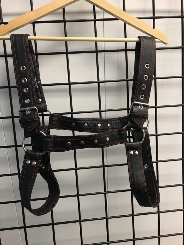 bulldog harness with red stitching